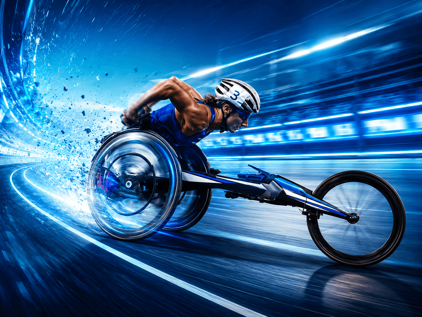 Wheelchair racing athlete on a futuristic track